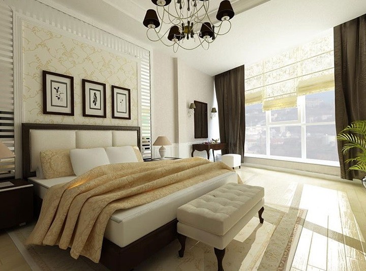 bright bedroom with chandelier 