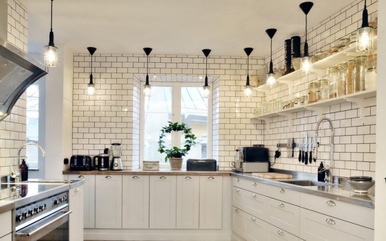 traditional kitchen with white cabinets