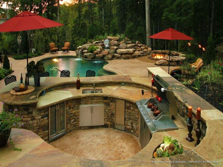 backyard swimming pool with red umbrellas