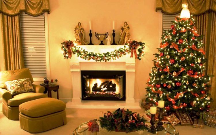 beautiful christmas tree near fireplace