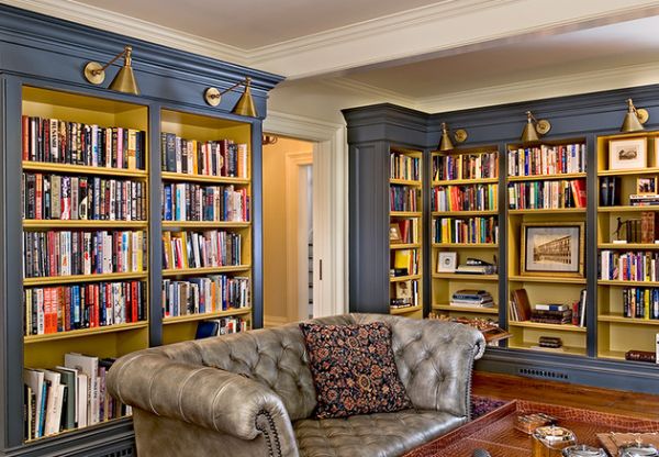 beautiful yellow and blue library in home