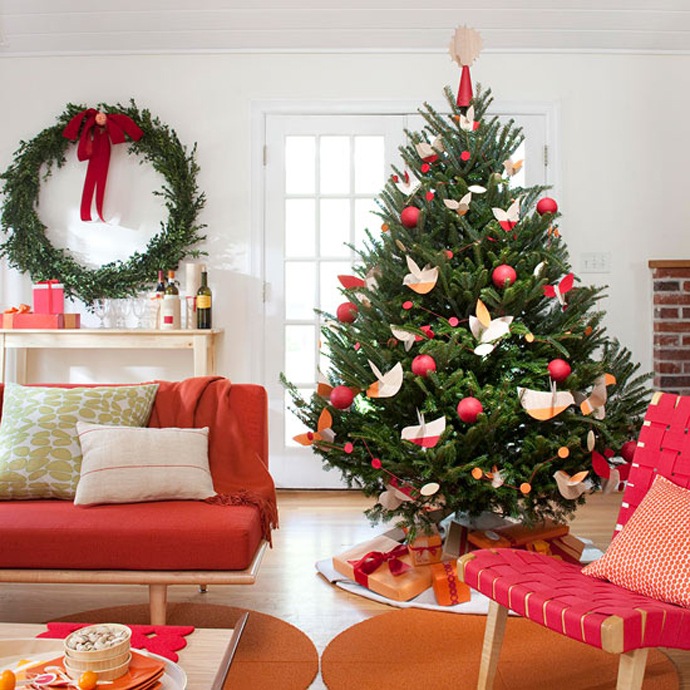 living room with red and white decor