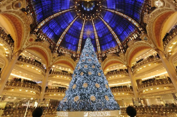 large christmas tree with blue lights