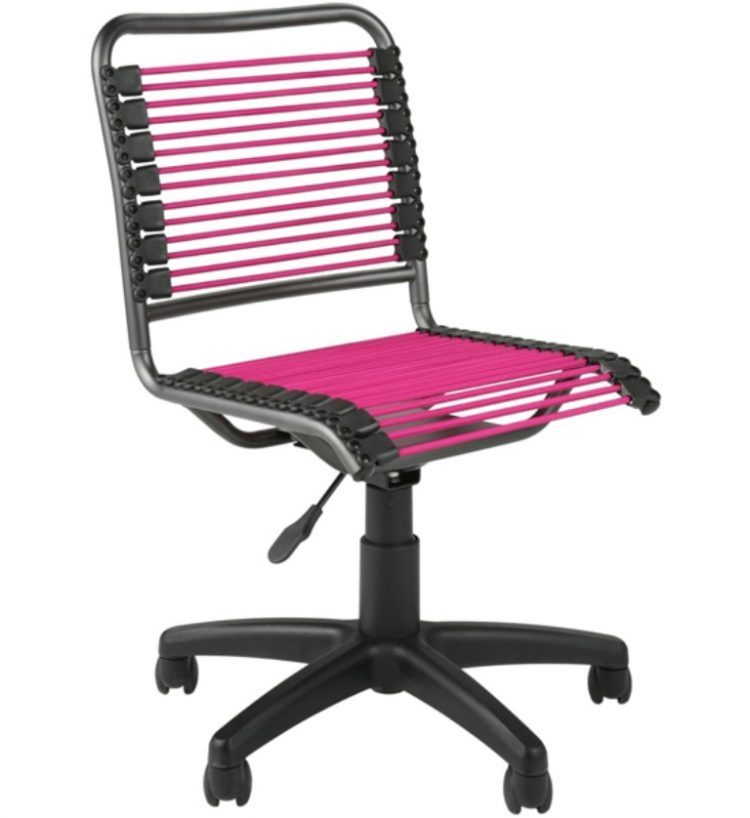 pink desk chair with bungee cords