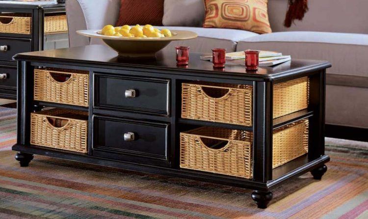 coffee table with wicker basket drawers