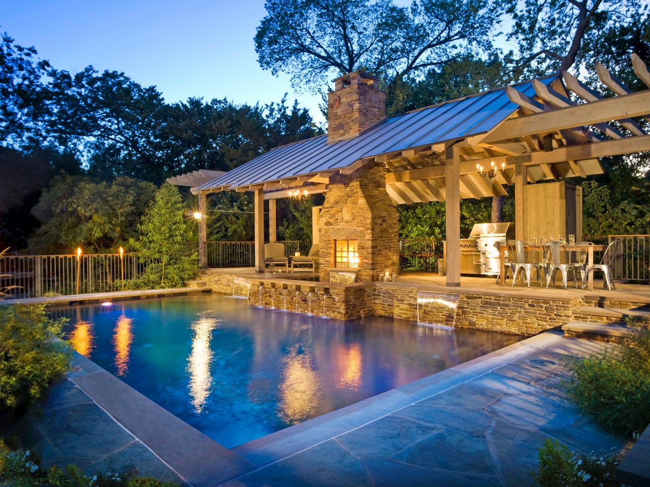 backyard pool design with kitchen