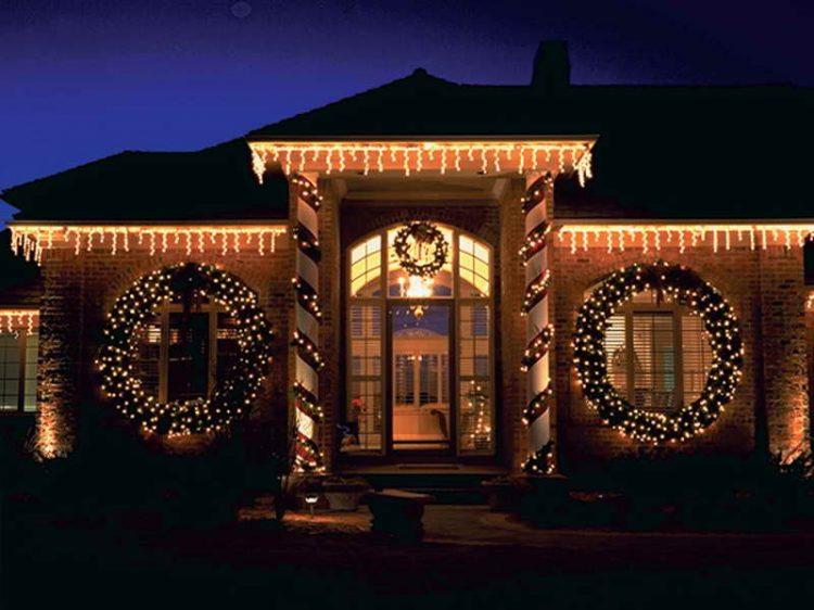 outdoor christmas scene on large home