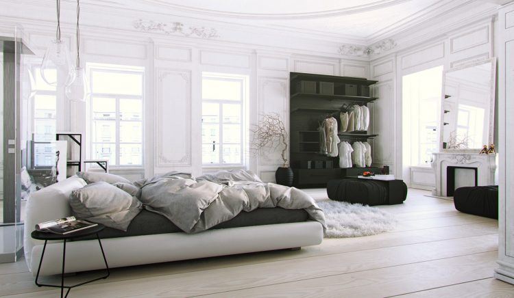 black and white bedroom with wood floor