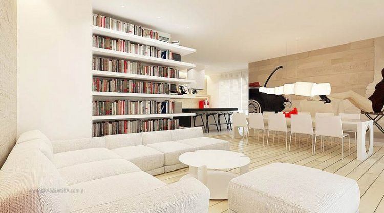 living room with large built in book shelf