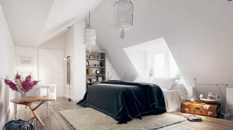 apartment-attic-bedroom-decorating-design-neutral-tone-for-attic-apartment-bedroom-king-size-white-bed-with-black-blanket-flooring-carpet-in-neutral-tone-design-big-transparent-skylight-ideas-pale-col