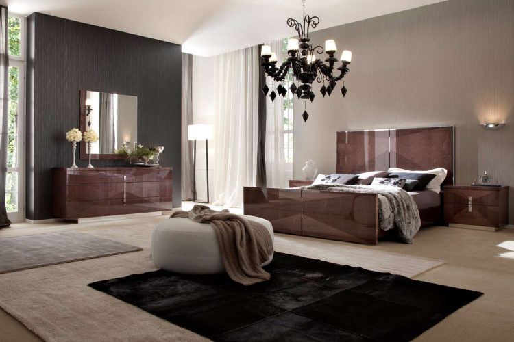 bedroom with modern black chandelier 