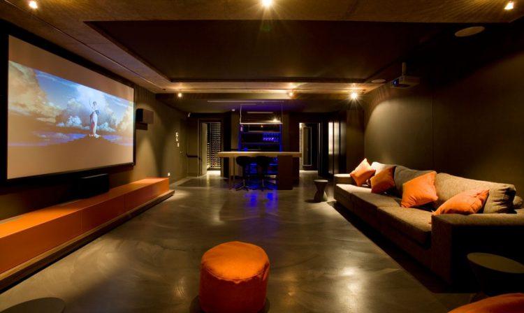 media room with large projector screen