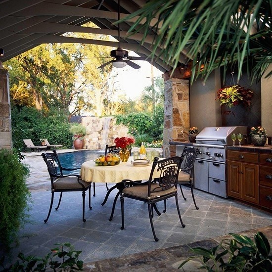 covered kitchen area with seating