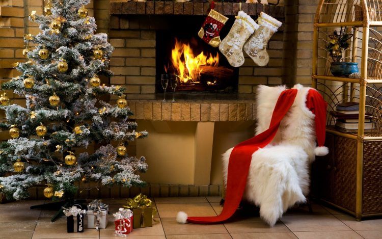 beautiful christmas scene with fireplace and stocking