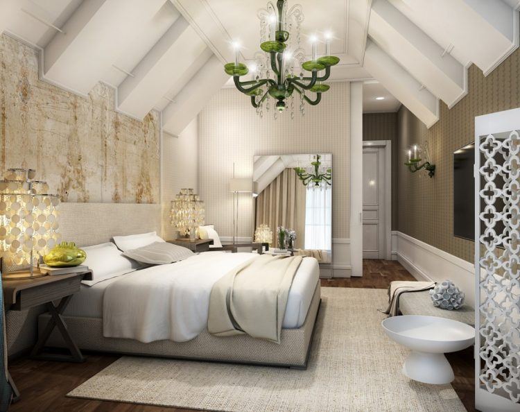 elegant bedroom with vaulted wooden ceiling