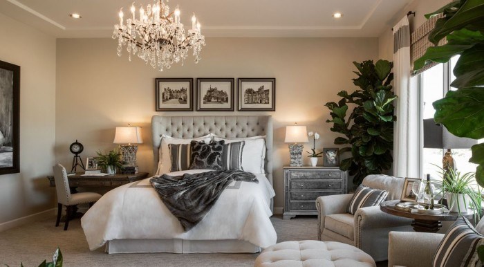 elegant bedroom with traditional grand chandelier