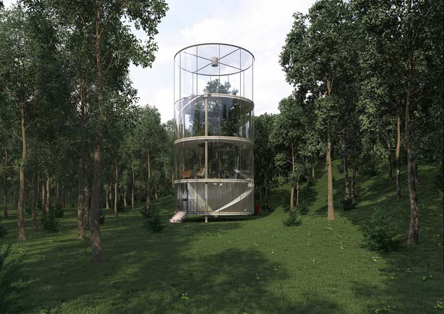 circular glass house with tree