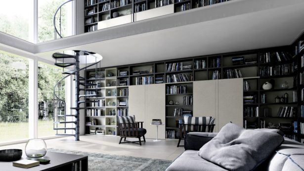 black and white library design with stairs