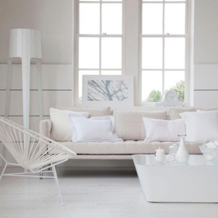 modern white living room with long windows