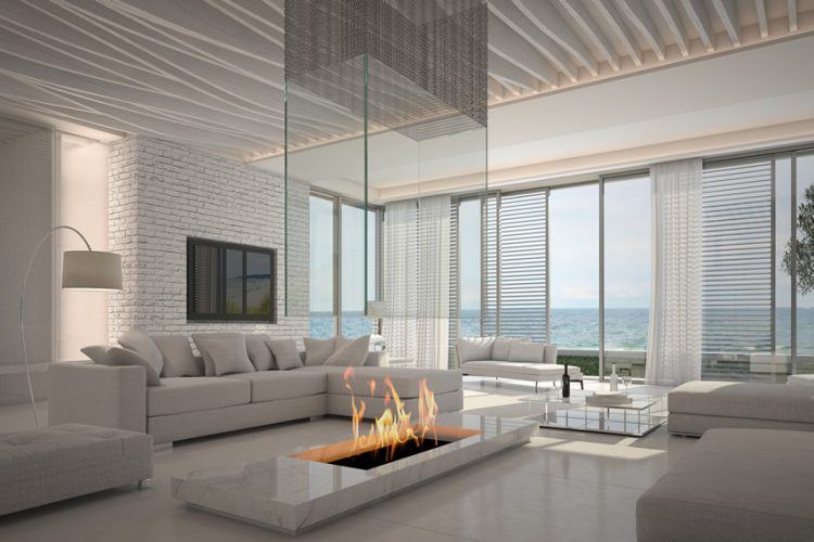 modern living room with firepit