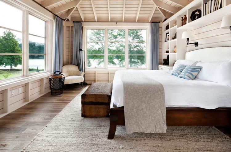 contemporary bedroom with slightly vaulted ceiling