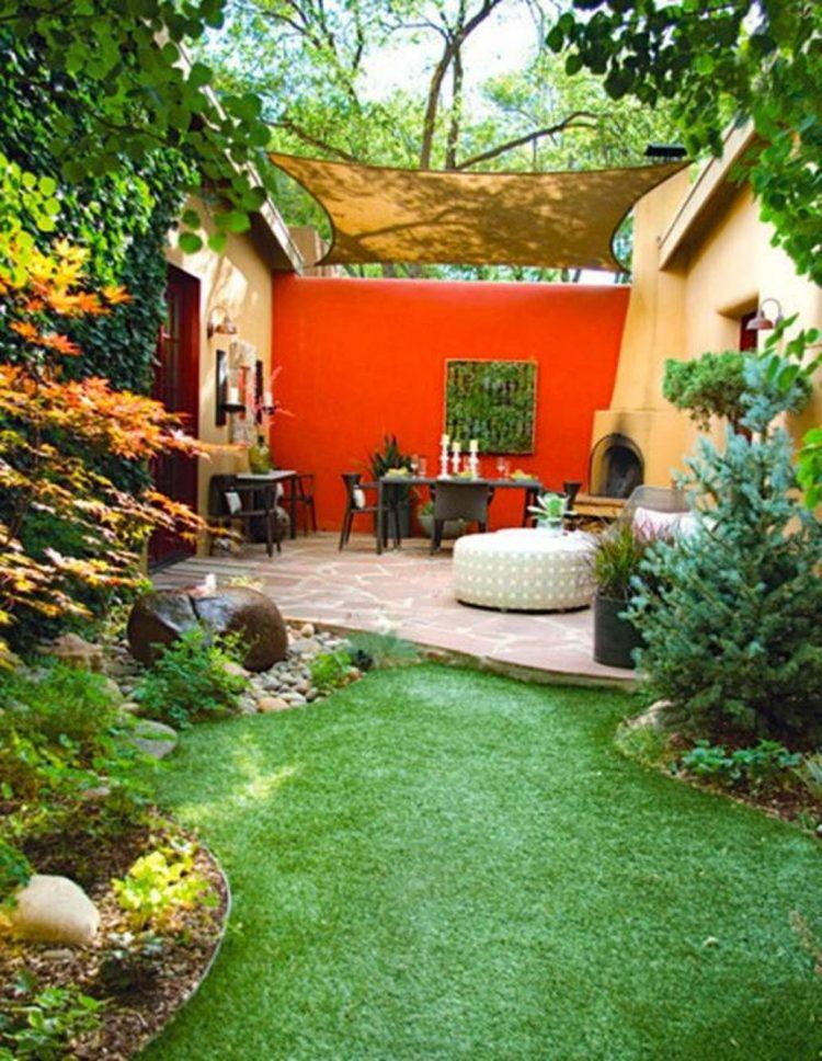 beautiful patio with bright red wall