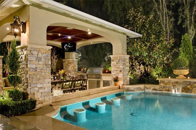 backyard swimming pool with swim up bar