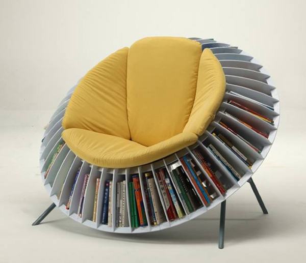 sunflower chair with book shelves