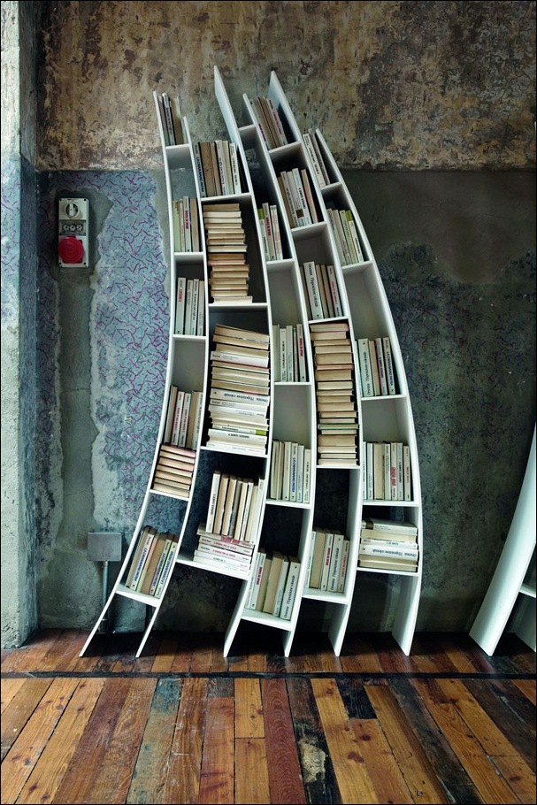 unique book shelf with curved design