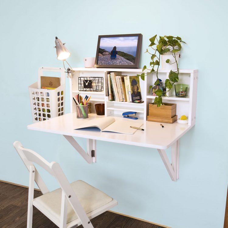 wall-mounted-desk-fold-away-study-table-painted-with-white-color-with-lamp-bookshelf-and-folding-chair-ideas