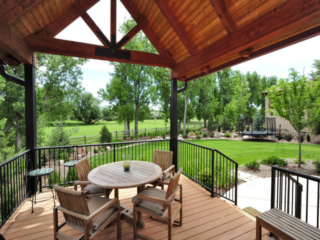 deck with vaulted wooden ceiling