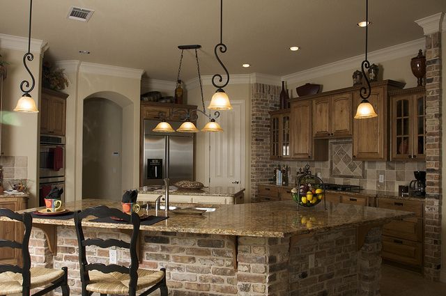 kitchen with hanging lamps