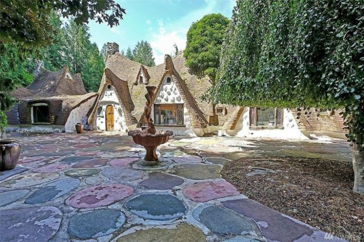 stone driveway with fountain