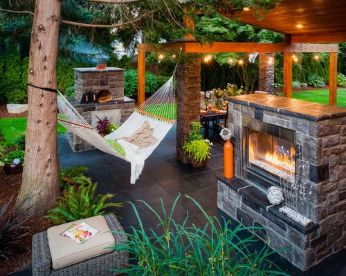 outdoor fireplace with hammock