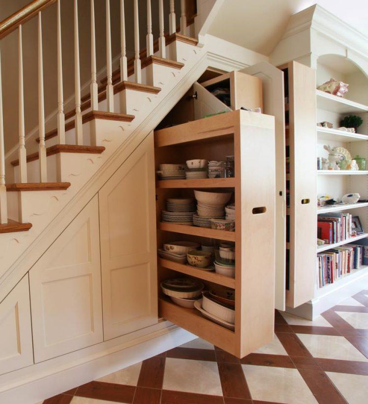 movable shelves under staircase