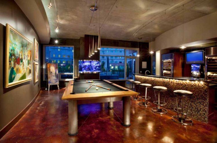 modern pool room with city view