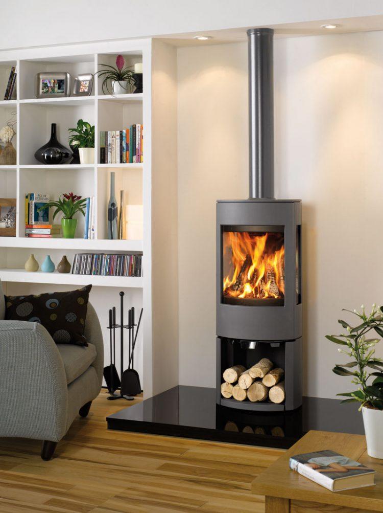 contemporary black wood burning fireplace