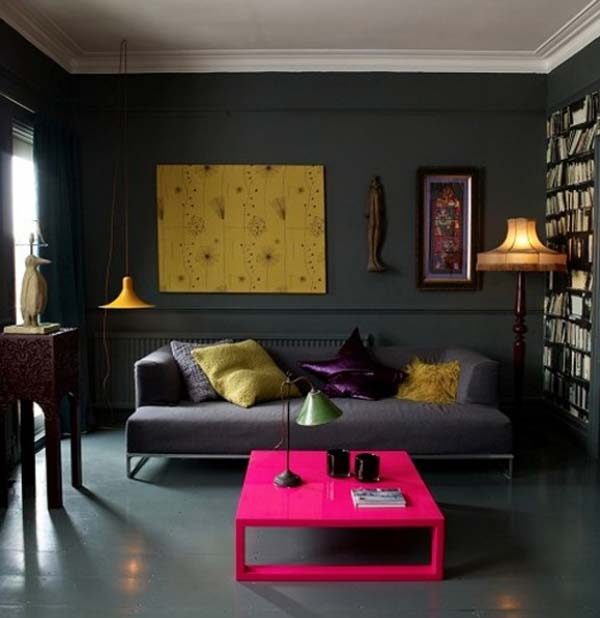 living room with pink coffee table