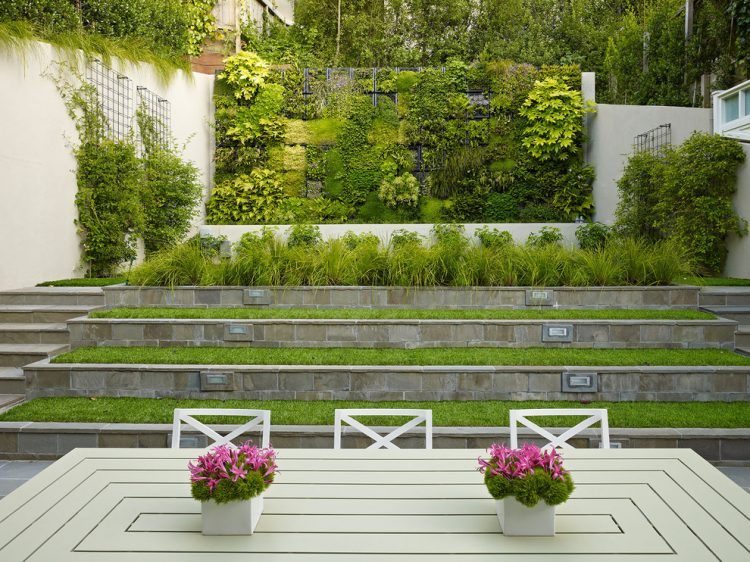 contemporary garden with wooden table