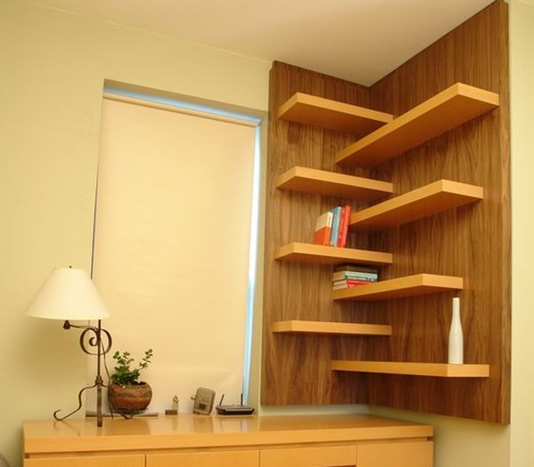 beautiful walnut shelves on wall