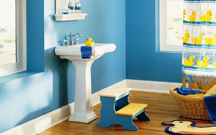 blue bathroom with kids decor