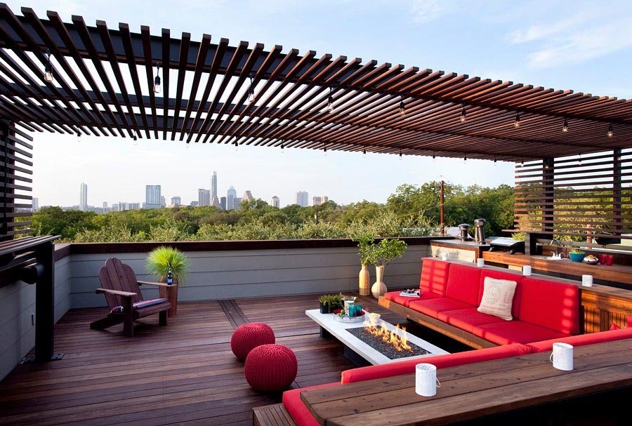 beautiful rooftop lounge with wood floor