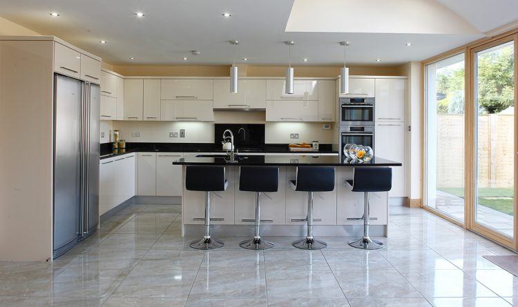 kitchen with tall black seats