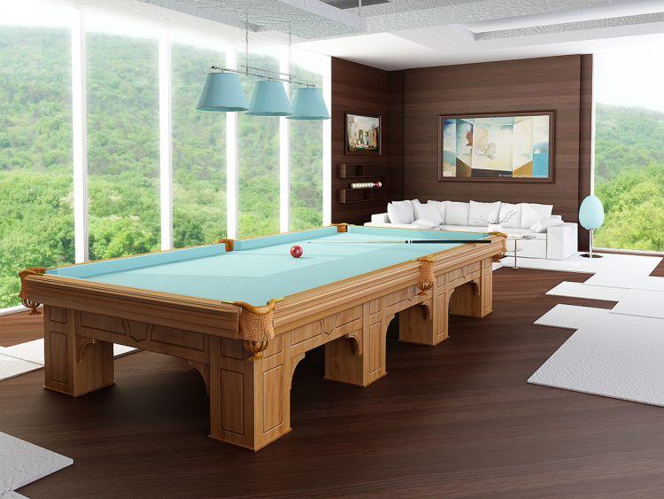 large pool room with floor to ceiling windows