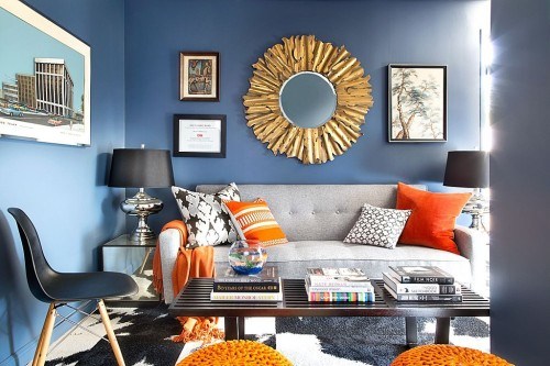 living room with blue walls