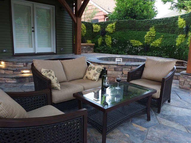 contemporary patio with wicker furniture