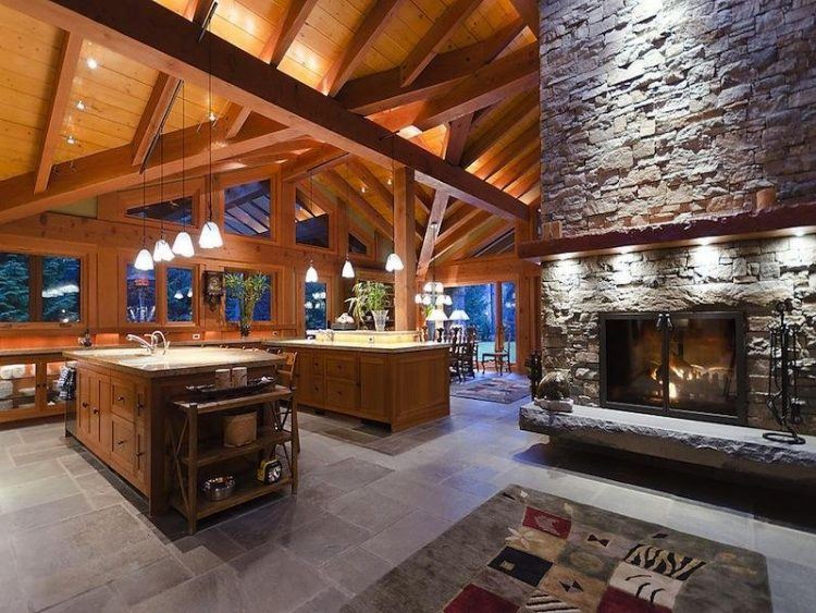 rustic kitchen with vaulted wooden ceiling