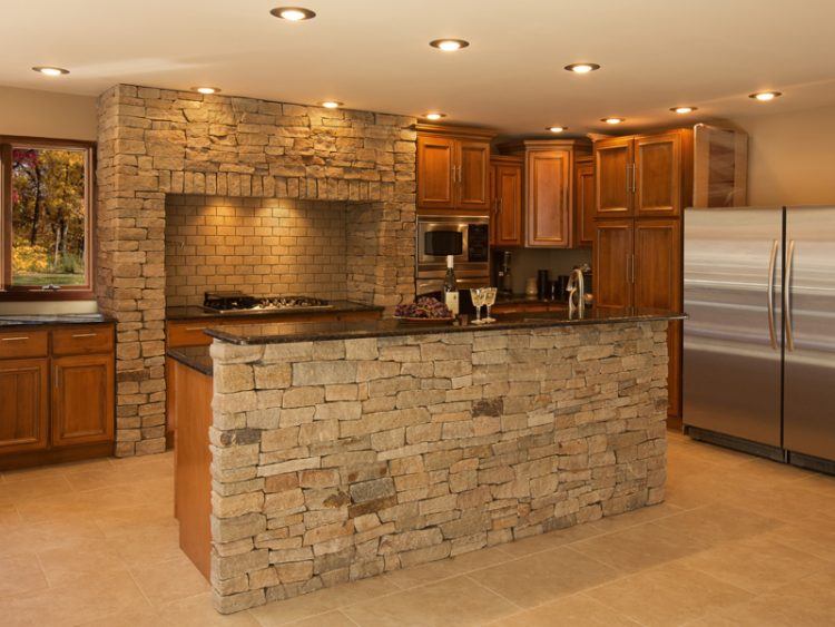 island in kitchen with stone face