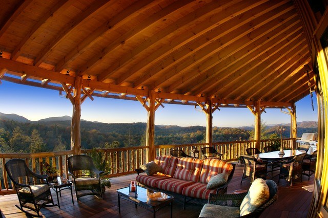 rustic deck with handrails