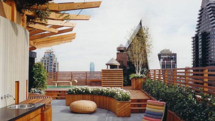 modern roof garden with seats